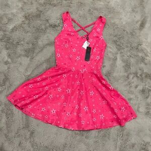 NWT Playboy Women's Pink Star Print Skater Dress Criss-Cross‎ Back Size XS Sexy